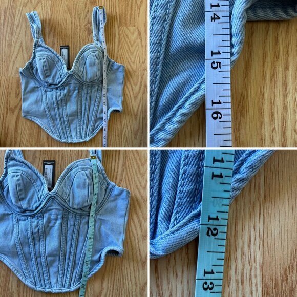 PrettyLittleThing Light Blue Wash Denim Corset Top Size 0 Bustier Dip Hem Y2K - Picture 8 of 9